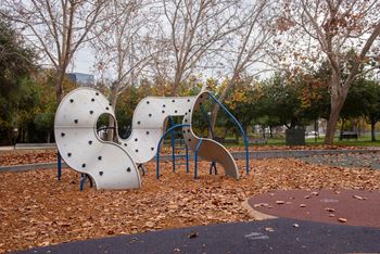 A playground with a slide and a climbing structure.